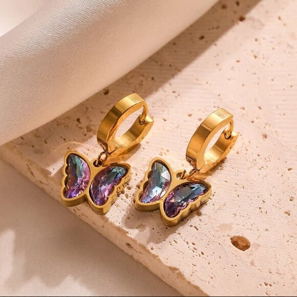 18K Gold Plated Butterfly Earrings with Zircon, Butterfly Earring - Picture 1 of 4